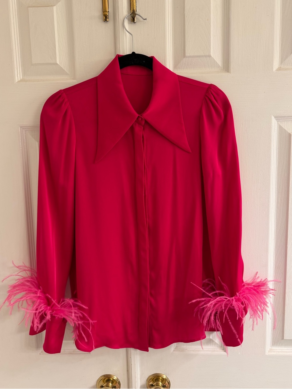 100% Silk Hot Pink Blouse with ostrich Feather
